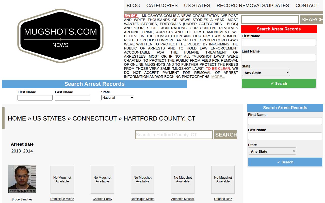Unofficial East Hartford mugshot coverage in the small Mugshots.com Hartford County section
