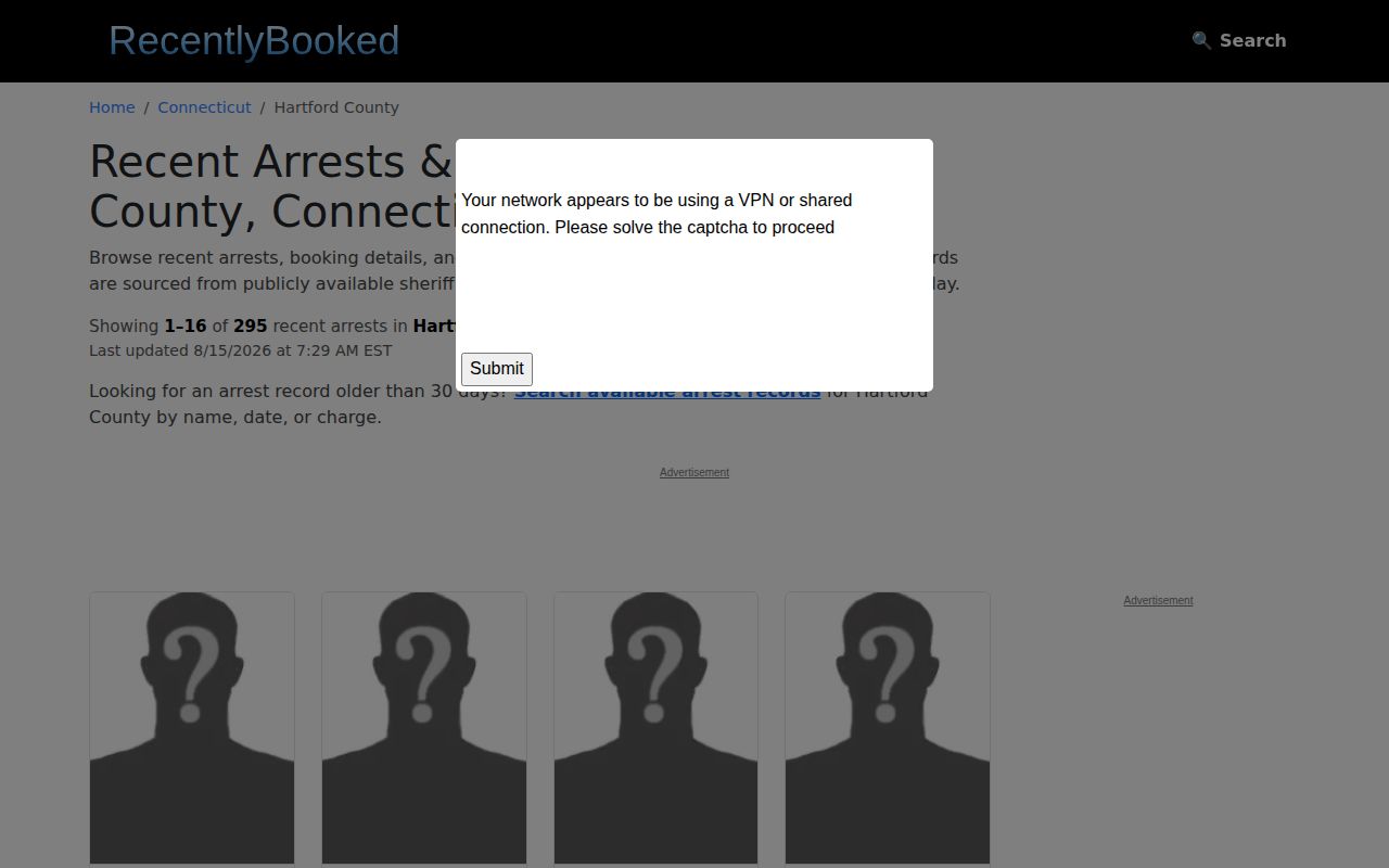 Unofficial East Hartford mugshot landscape on the RecentlyBooked Hartford section