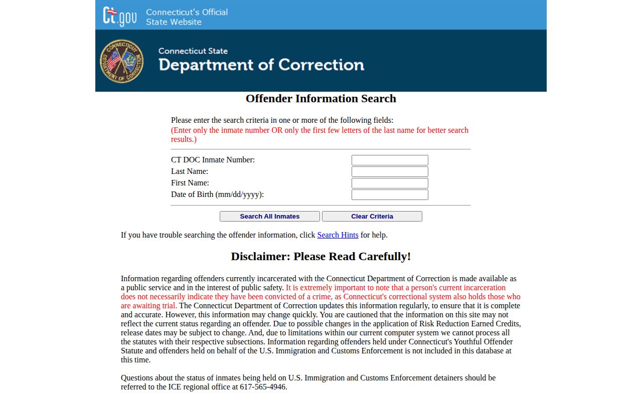 CT DOC statewide East Hartford inmate and mugshot search form