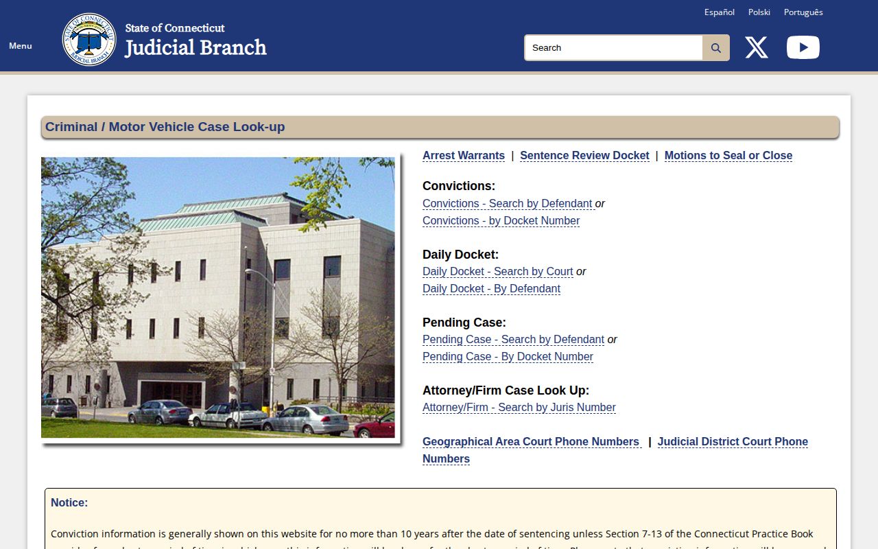 Connecticut Judicial East Hartford arrest case and disposition lookup