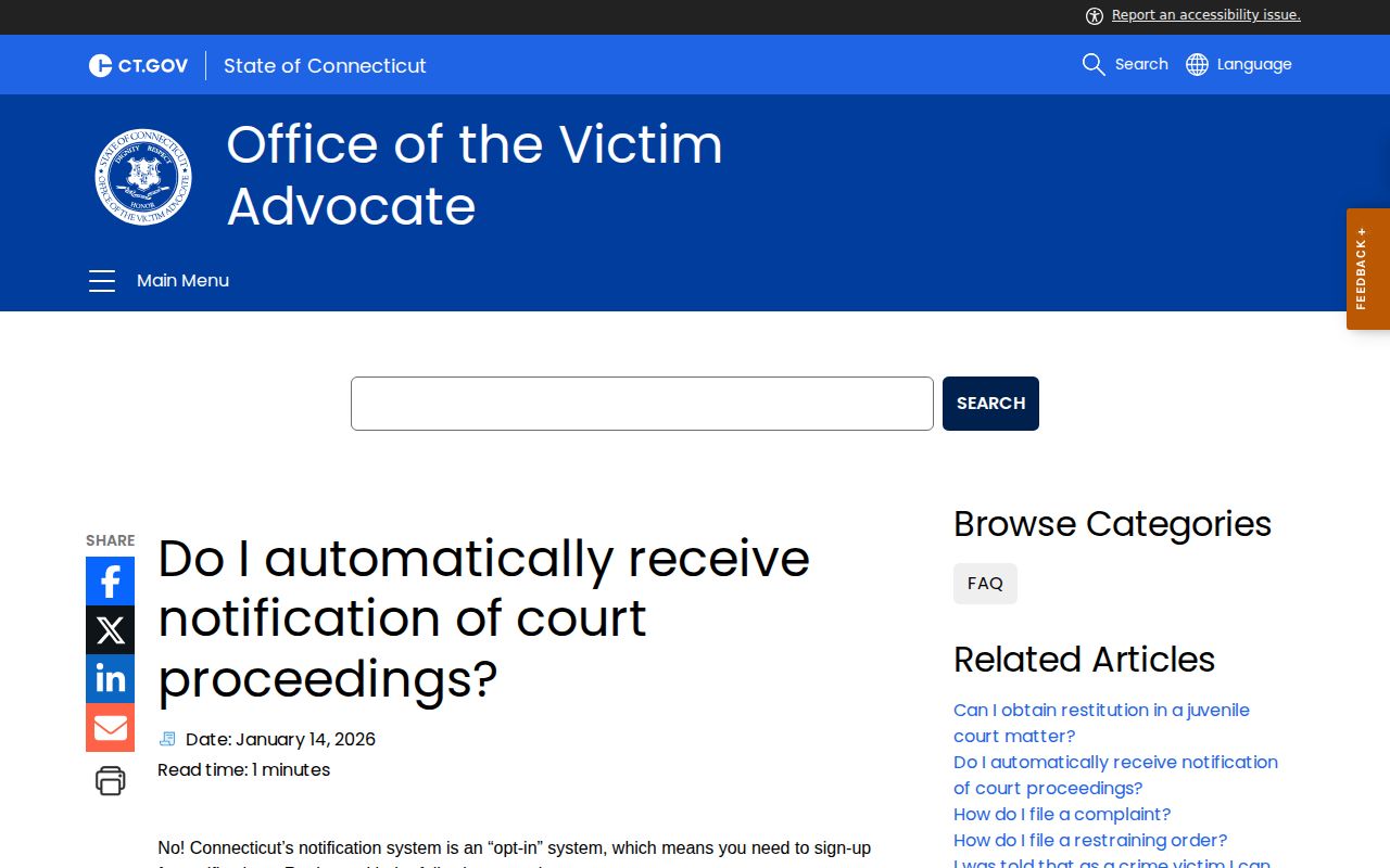 East Hartford warrant and court notification guide from Connecticut victim services